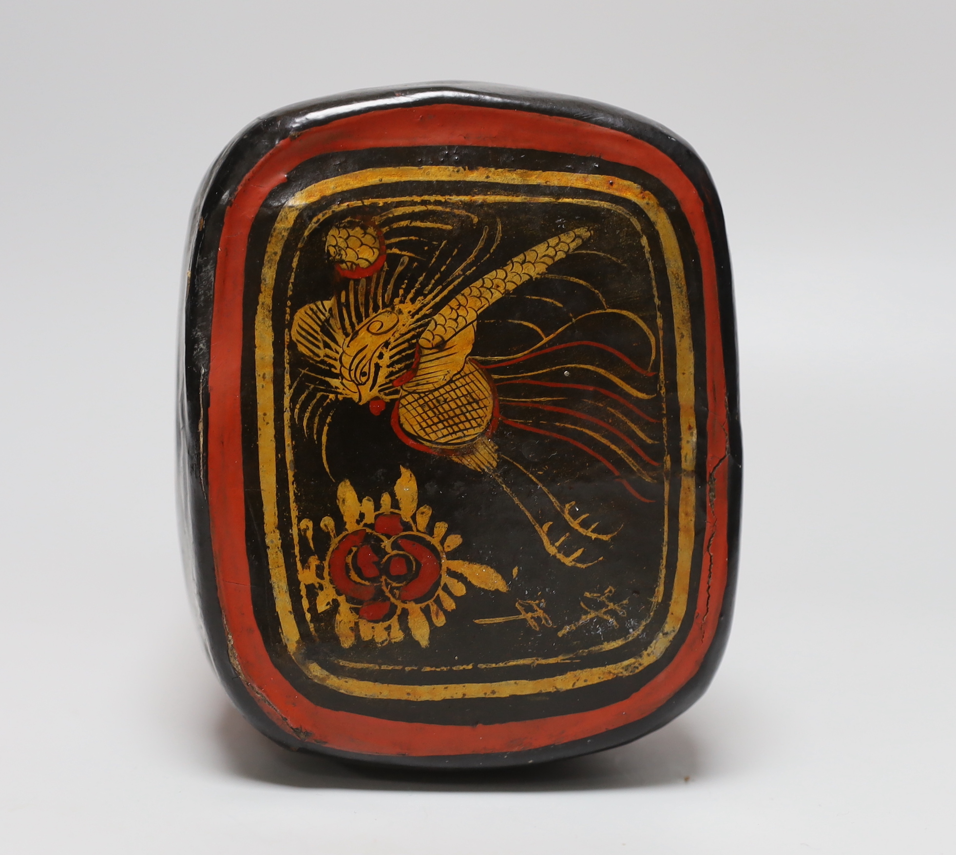 A 19th century burr walnut snuff box, a gilt brass magnifying glass and a Chinese pillow, the largest 31cm wide